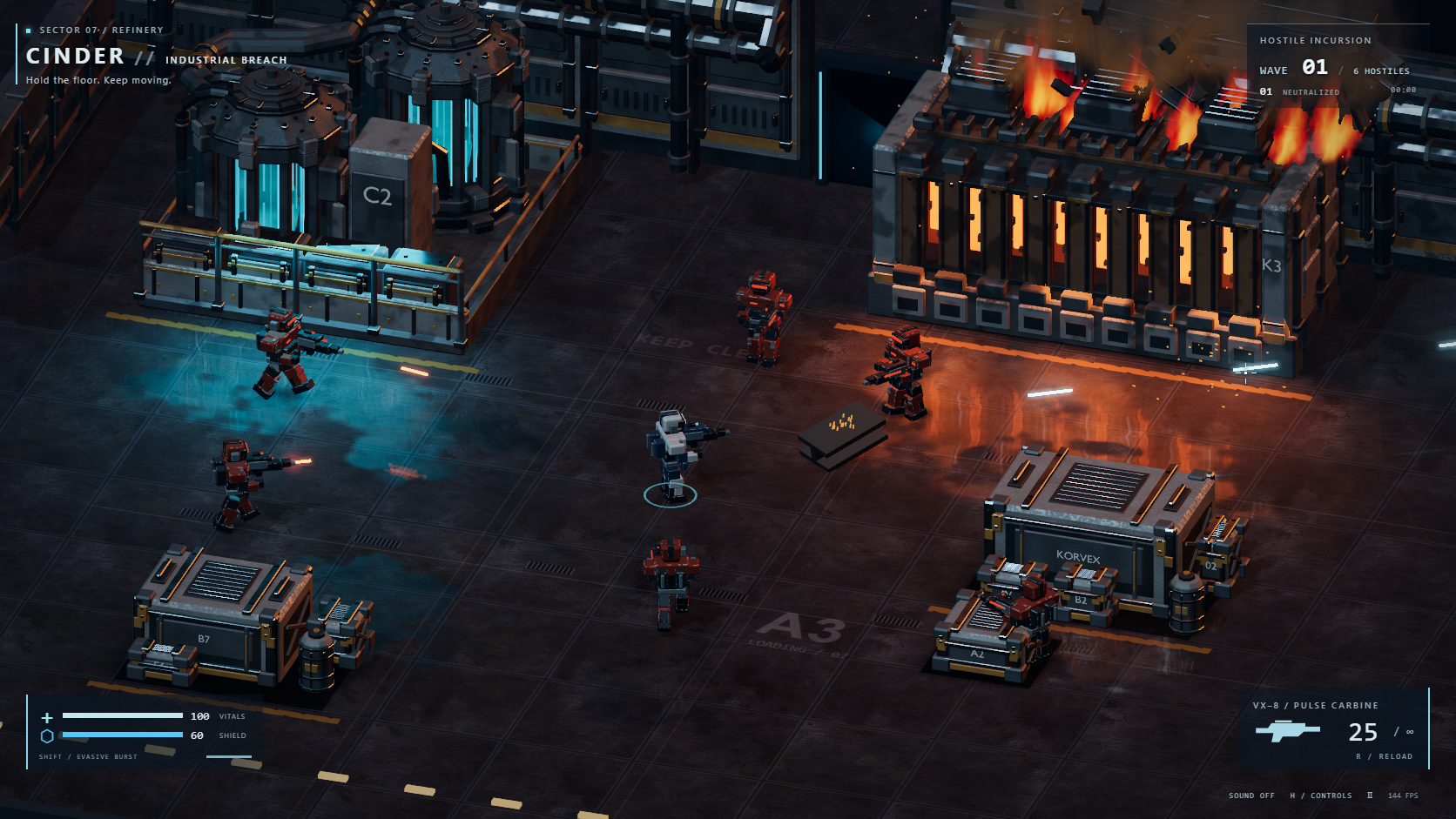 Space commandos fighting across a glowing industrial factory floor