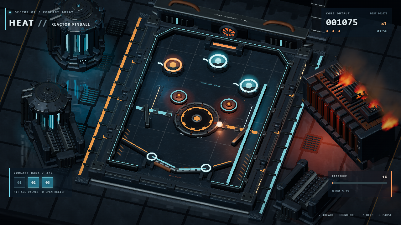 A glowing core in a reactor pinball table surrounded by coolant vessels and furnace machinery