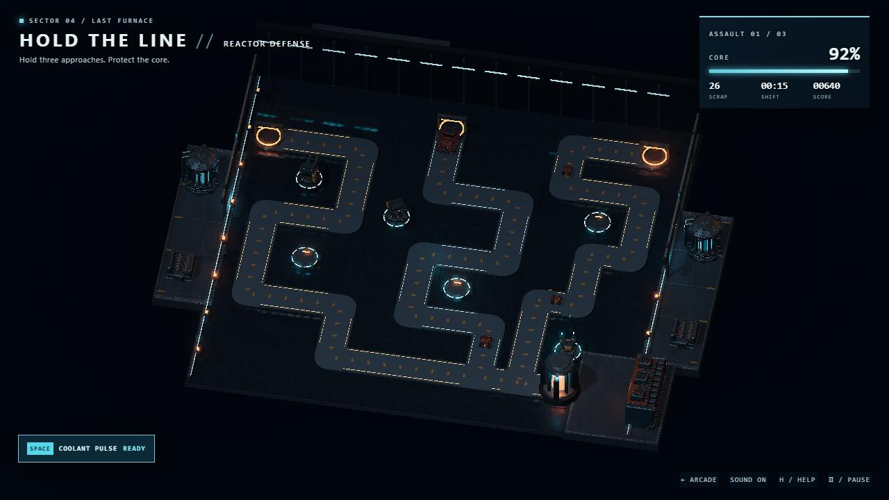 Automated defenses protecting a glowing industrial reactor from incoming machines