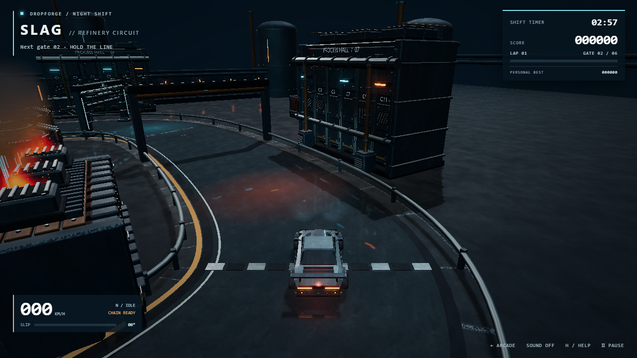 An armored coupe drifting through a wet refinery circuit beneath industrial machinery